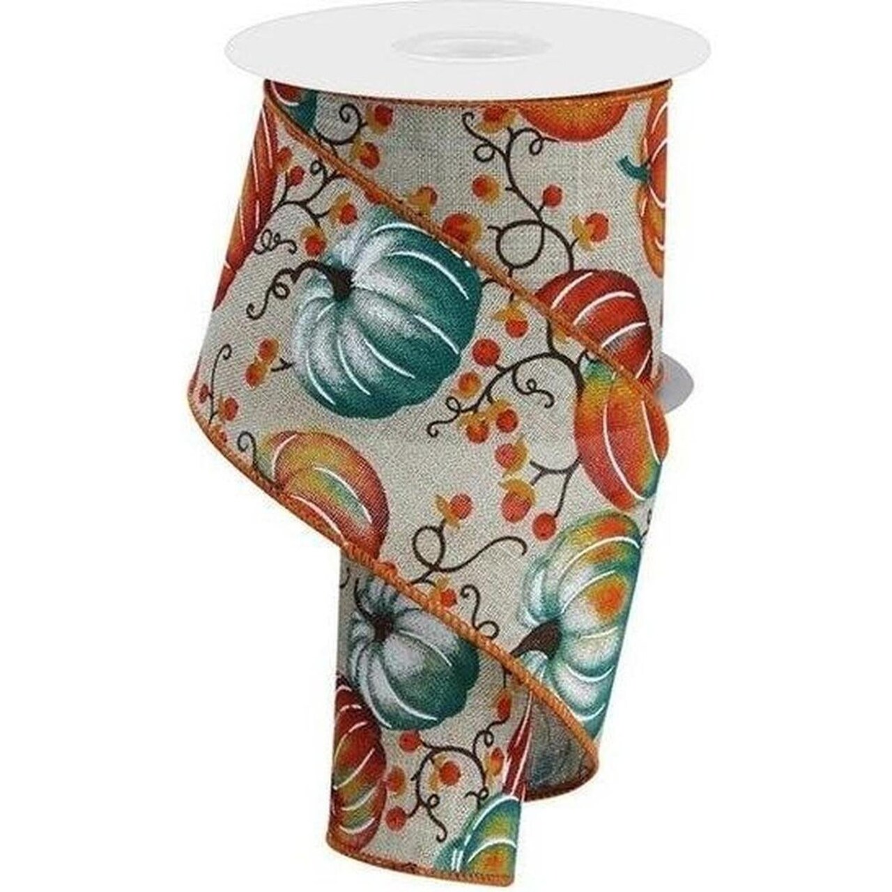 2.5" Pumpkins Bittersweet Ribbon: Light Natural/Teal (10 Yards)